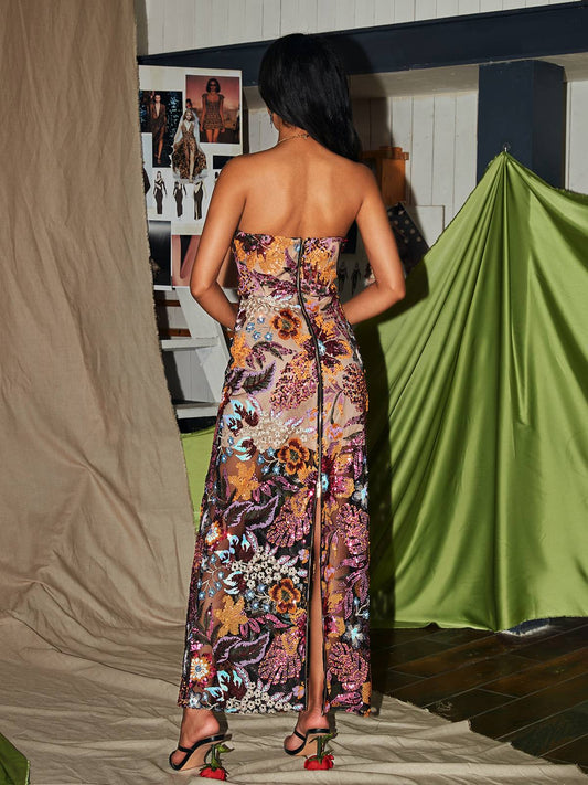 Strapless Floral Sequin Embroidered Maxi Dress