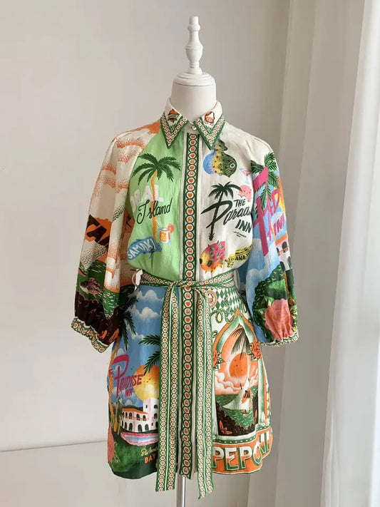 Coconut tree Landscape Printed Turn-down Collar Waist Lace-up Mini Shirt Dress