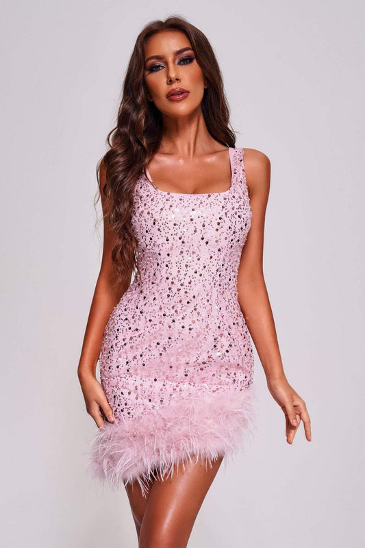 Pink Sequin Feather Mini Dress