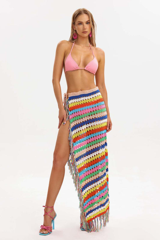 Multicolour Bikini Rainbow Beach Side Slit Tassel Long Straight Skirt