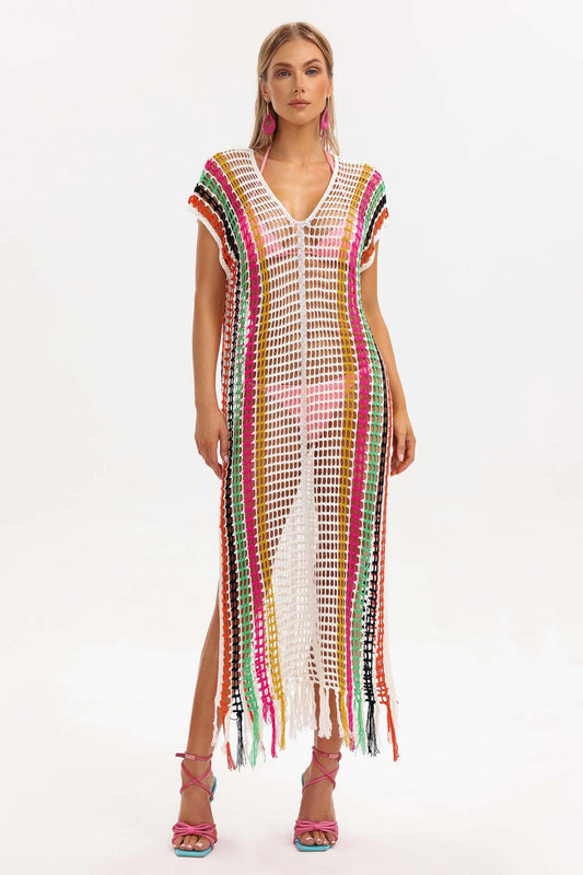 White Hollow out Bikini Crochet Rainbow long Beach Dress