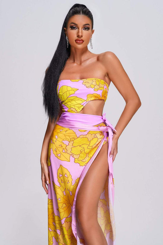 Yellow and pink Color Block Cutout One Piece Swimsuit and Sarong