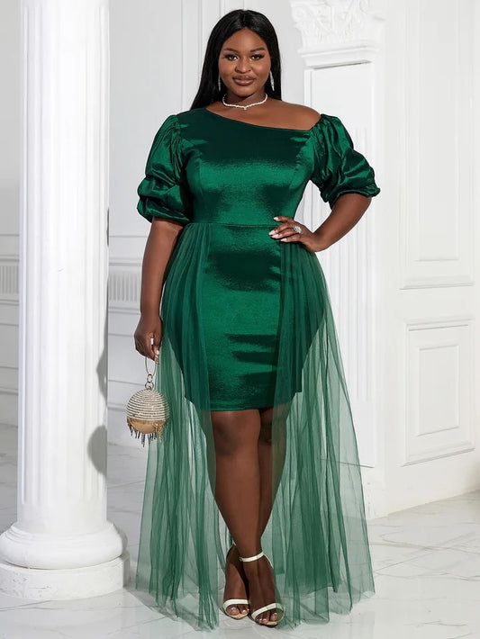 Green Puff Sleeves Patchwork Mesh One Shoulder Train Pleated Plus Size Dress