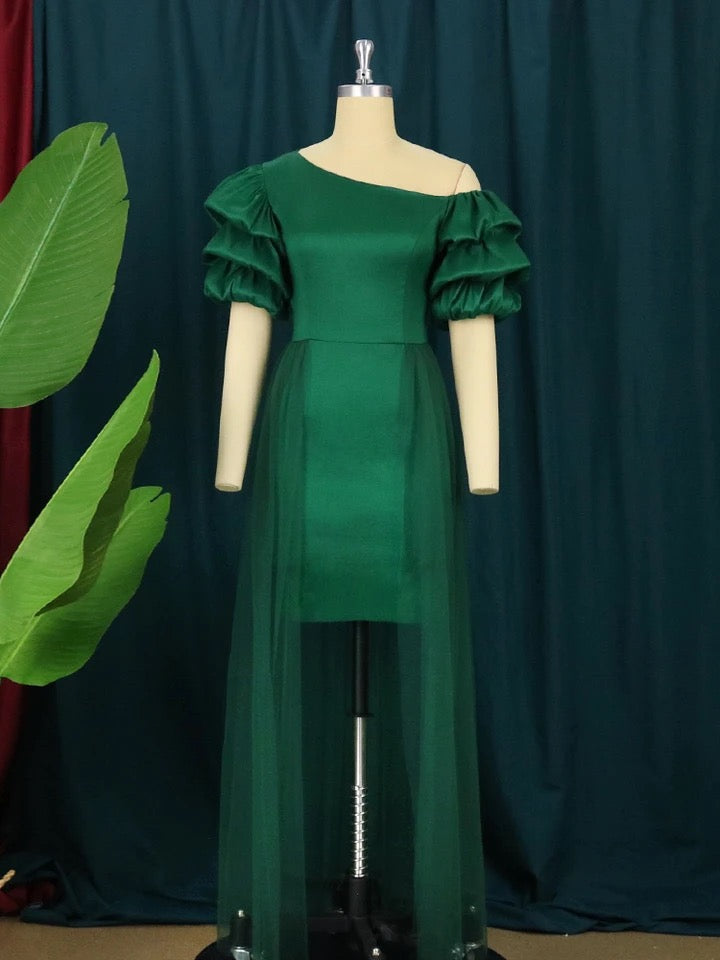 Green Puff Sleeves Patchwork Mesh One Shoulder Train Pleated Plus Size Dress
