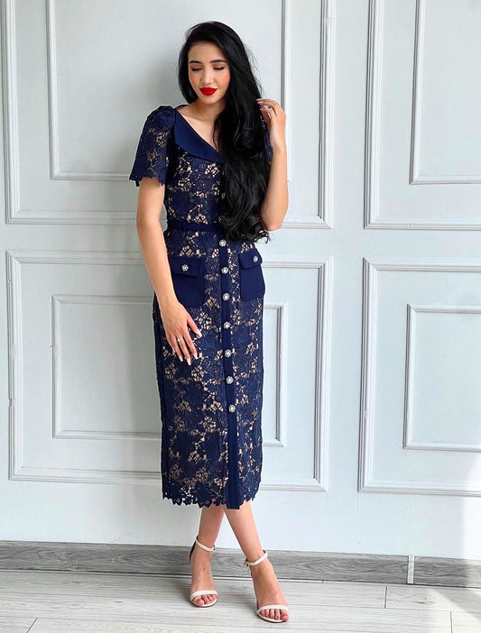 NAVY LACE MIDI DRESS WITH OPEN NECKLINE AND CINCHED WAIST BELT