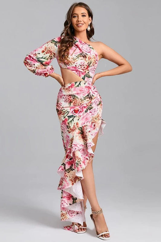 PINK ONE SHOULDER CUT OUT MAXI FLOWERS DRESS