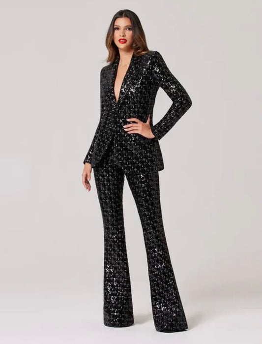 Black Shiny Sequins Single Button Blazer + Wide Leg Pants