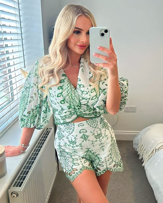 Green Retro print loose shirt two-piece set