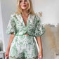 Green Retro print loose shirt two-piece set