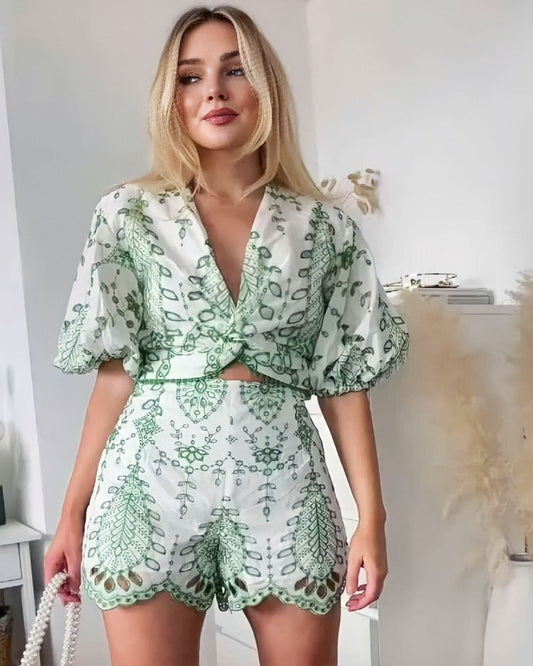 Green Retro print loose shirt two-piece set