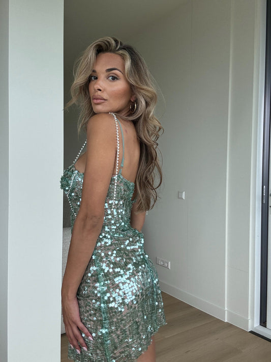 GREEN SEQUIN DIAMATE TRIM MIDI DRESS