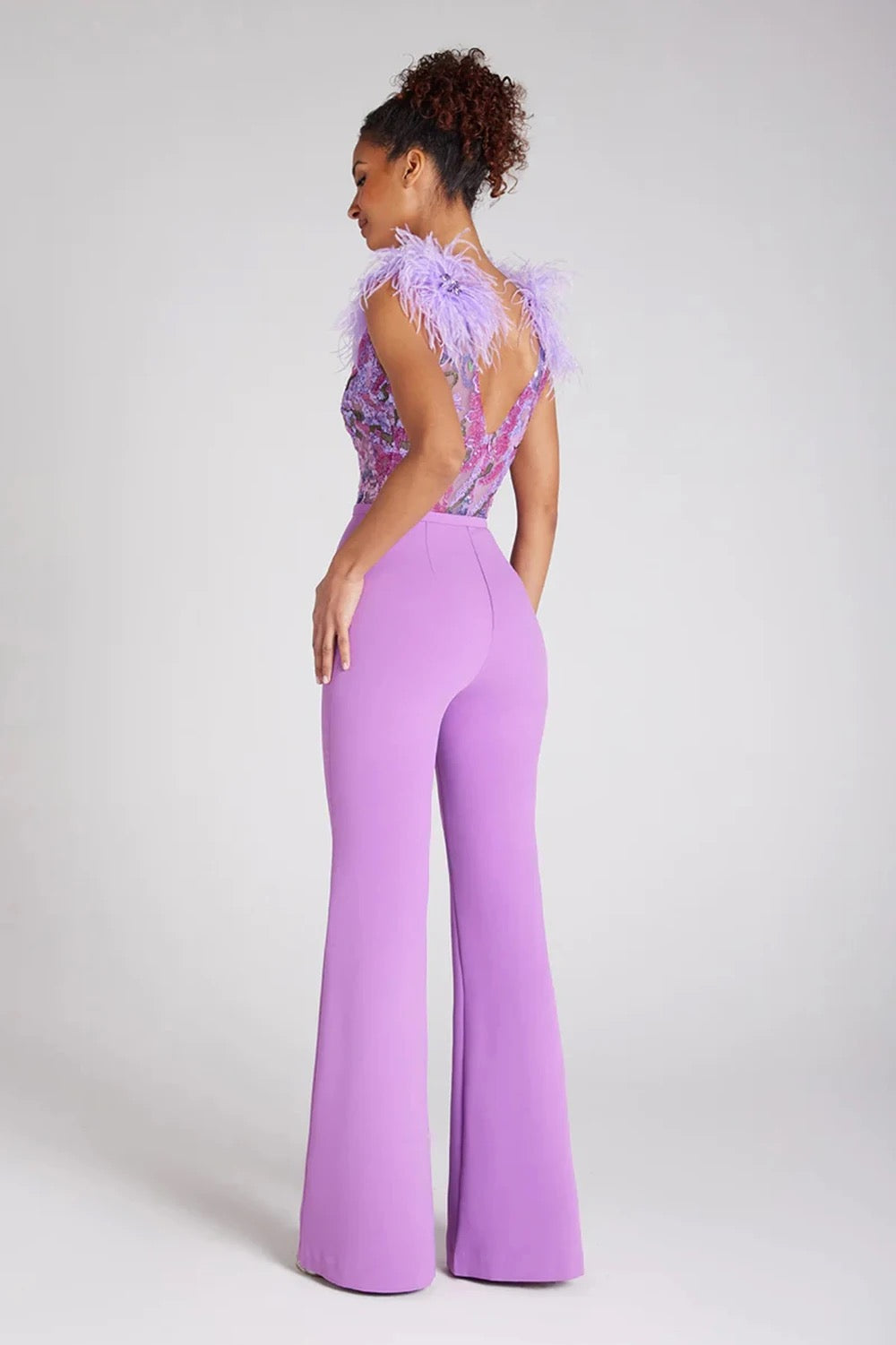 V-neck Sleeveless Backless Lavender Luxury Feather Diamond Mini Jumpsuit