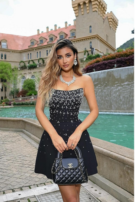 Black Crystal Embellished Mini Dress