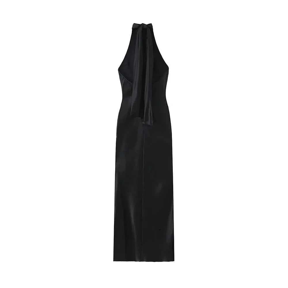 Black Satin Halter Dress for Women, Backless Dress with Bow Tied