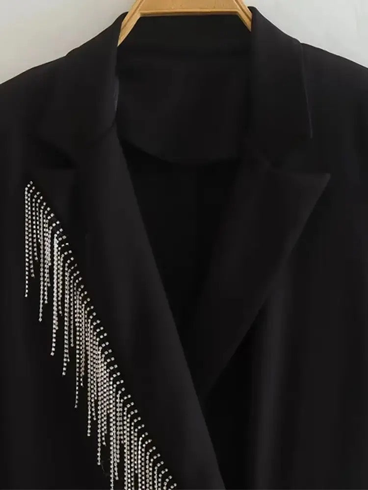 Black Collar Slim Hidden Breasted Long Sleeve Tassel Black Suit