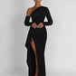 Black Oblique Shoulder Thigh High Split Maxi Dress