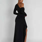 Black Oblique Shoulder Thigh High Split Maxi Dress