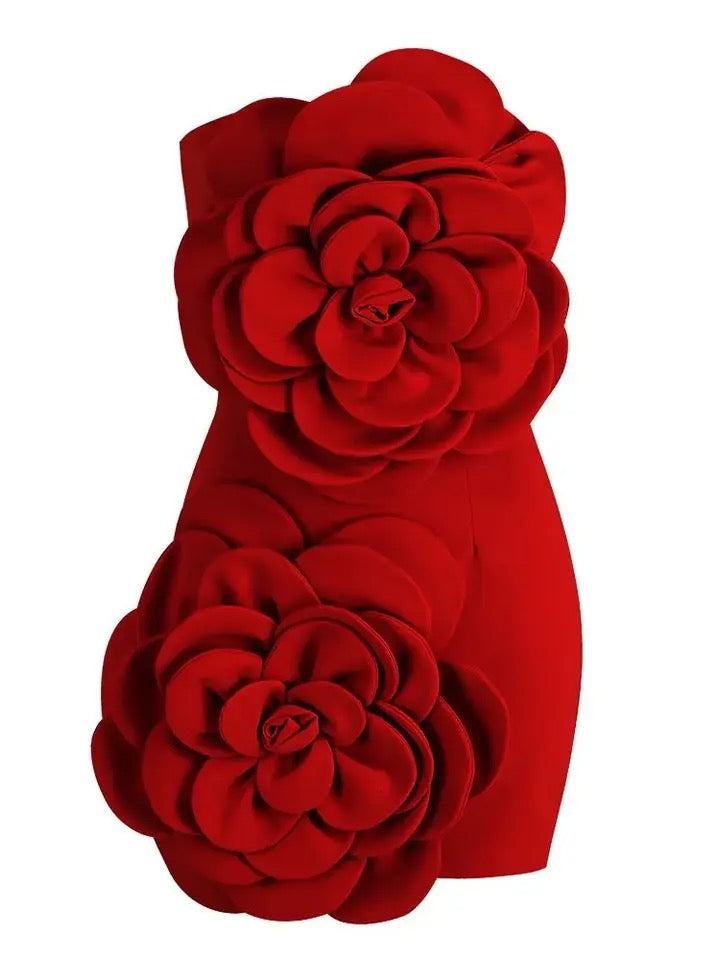 Red Strapless Open Back Large Flower Tight Micro Mini Dress