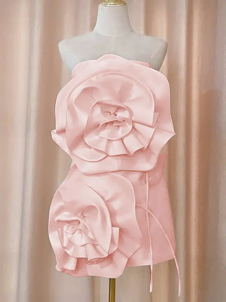 White and Pink Laced Flower Beige Micro Mini Bodycon Gowns Dress