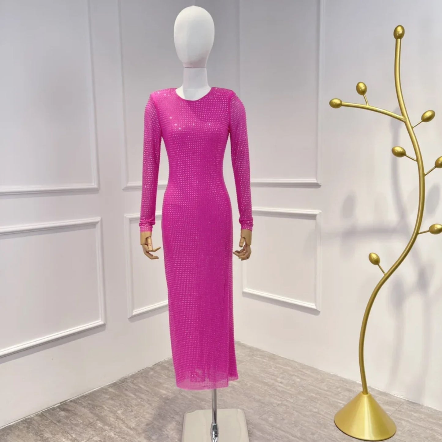 Pink Long Sleeve Luxury Diamond Decoration Skinny Midi Dress