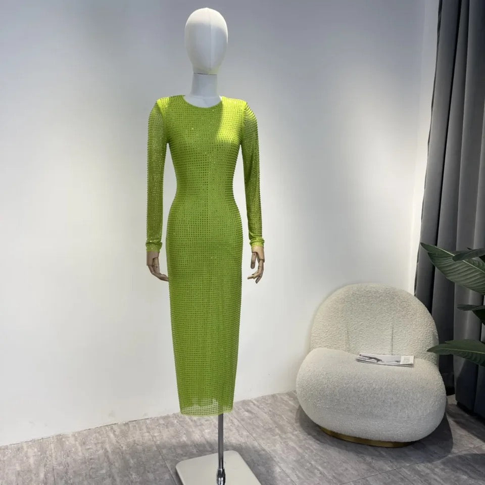 Lime Chic Beaded Diamond Long Sleeve Tight Midi Dress