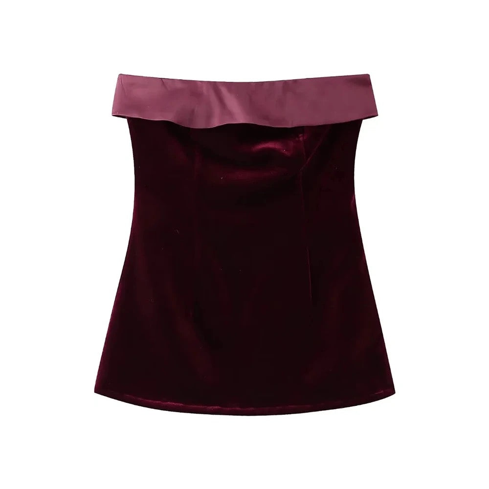 Black & Maroon Strapless Patchwork Velvet Micro Mini Dress