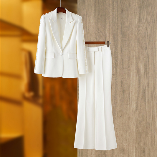 Designer Set White Sexy V-neck Beaded Women's Celebrity Party Single Button Suit Flare Pants