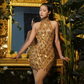 Golden & Silver Rhinestones Sequins Backless Luxury Crystal Short Dress