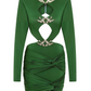 Green Hollow Pleated Metal Long Sleeve Metal Decorated Mini Dress
