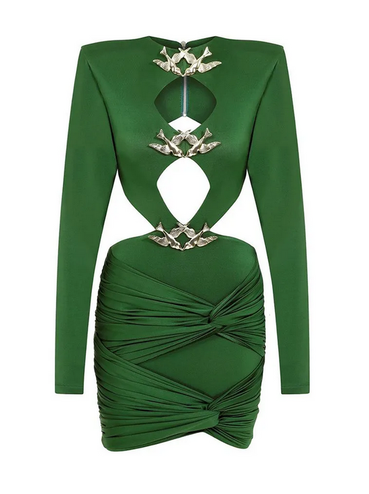 Green Hollow Pleated Metal Long Sleeve Metal Decorated Mini Dress
