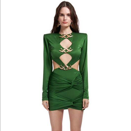 Green Hollow Pleated Metal Long Sleeve Metal Decorated Mini Dress