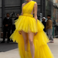 One Shoulder Ruffles Mesh Pleated Yellow Maxi Long Dress