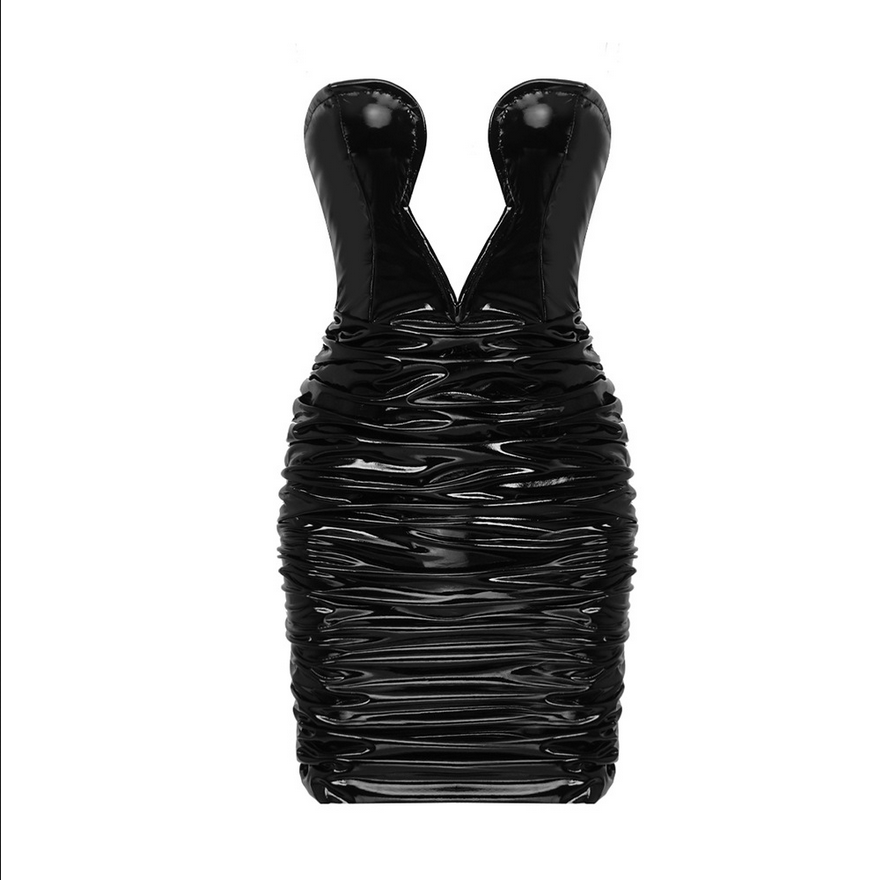 PU Black Leather Pleated Design Strapless Sexy Deep V-Neck Tight Mini Dress