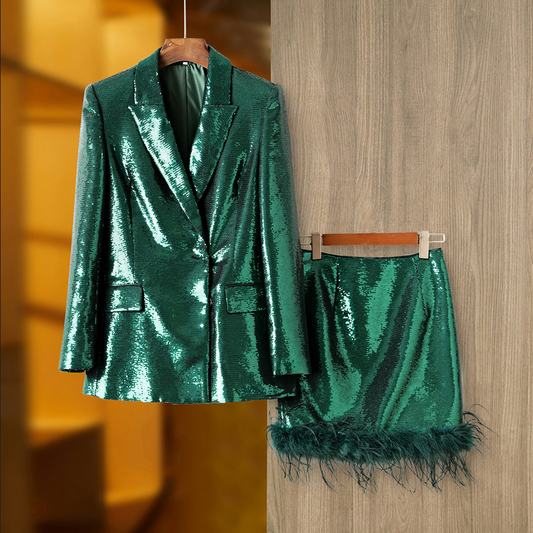 Luxury Feather Trim Sequins Blazer+Miniskirt Slim Fit Set