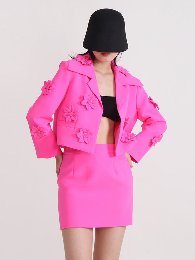 Pink Spliced Appliques  Long Sleeve Temperament Slim Fit Blazers For Women