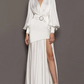 White  V-neck Long Sleeve Split Waist Belt Pleated Long Dress