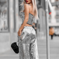 Silver Sequins Strapless Crop Tops Trouser Two Pieces Set