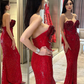 Red Strapless 3D Flowers Design Glitter Sequins Cocktail Party Long Slit Dress