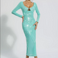 Sea Green Sexy V Long Sleeve Luxury Sequin Tight Fit Long Dress