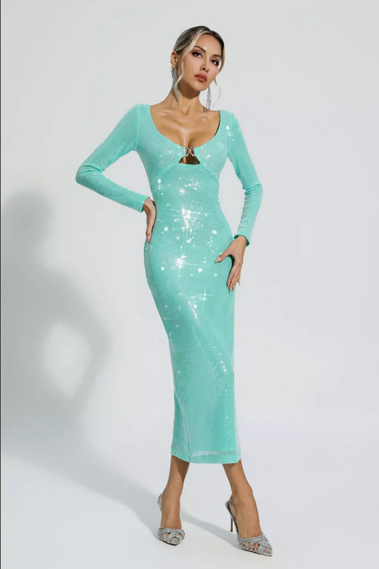 Sea Green Sexy V Long Sleeve Luxury Sequin Tight Fit Long Dress
