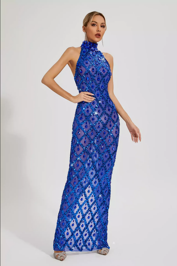 Blue Sequin Crystal Mini Dress