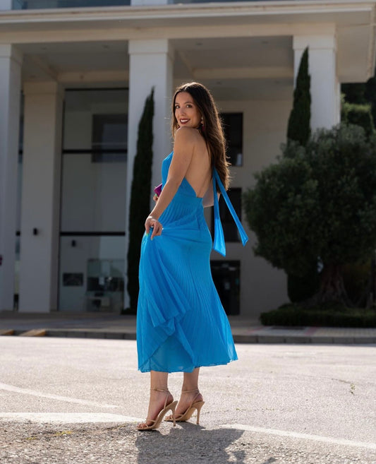 Blue Solid Sastin Drawstring Halter Female Elegant Hollow Out Street Dress