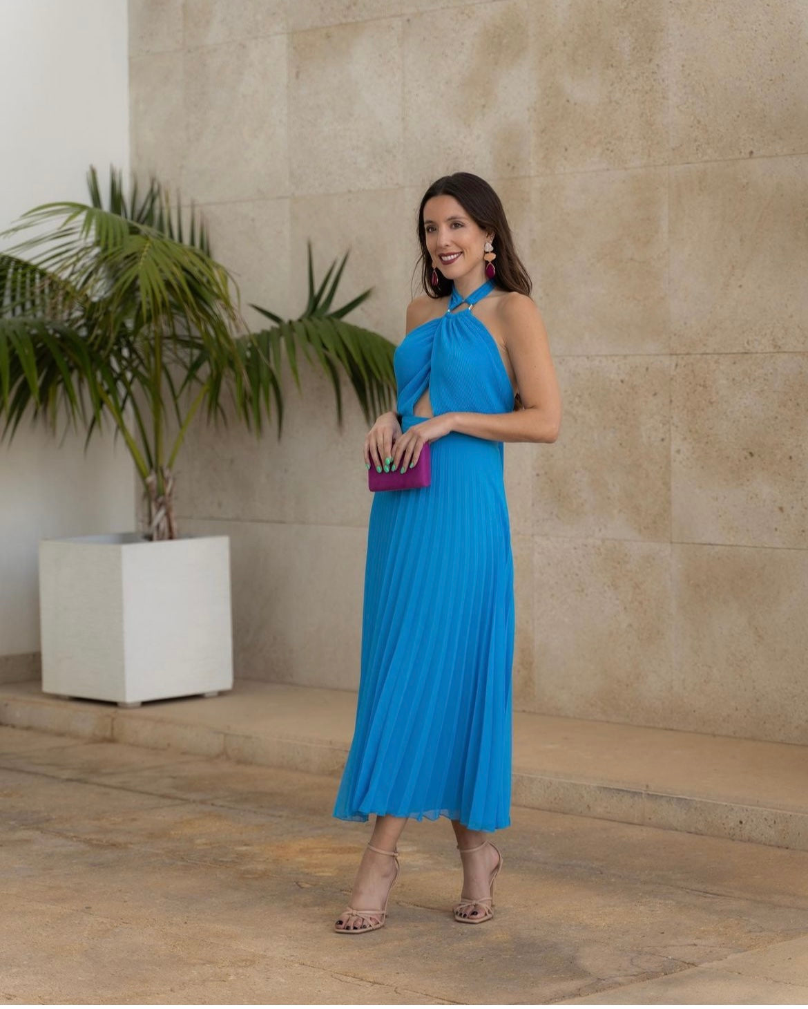 Blue Solid Sastin Drawstring Halter Female Elegant Hollow Out Street Dress