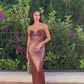 Sexy Sleeveless Backless Mesh Sequins Brown Bodycon Maxi Long Dress