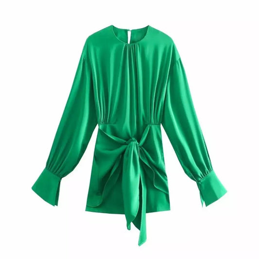 Women Green Long Sleeve Bow Tied Mini Dress Female Elegant O Neck Shoulder Padded Solid Satin Dress