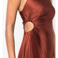 Brown Asymmetry One-Shoulder Hole Ankle-Length Vintage High Waist Dress