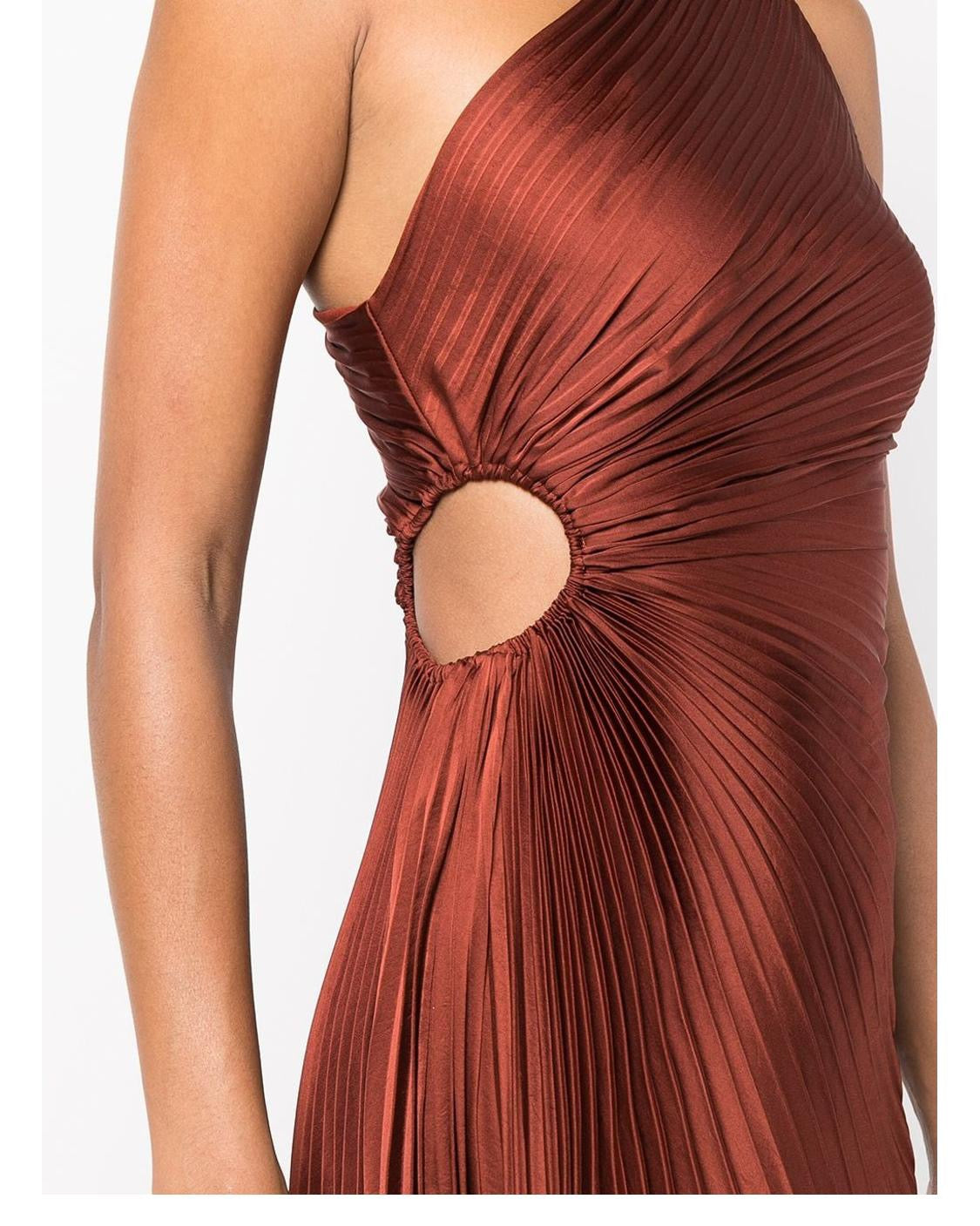 Brown Asymmetry One-Shoulder Hole Ankle-Length Vintage High Waist Dress