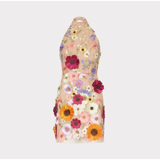 Beige Mash Fabric Flower Print Embroidery Mini Dress
