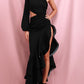 Sexy Black Off-Shoulder Side Whit Split Cut Out Ruffled Long Sleeve Maxi Dress