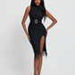 Black  Feather Trimmed Bandage Women Summer Midi Sexy Party Dress